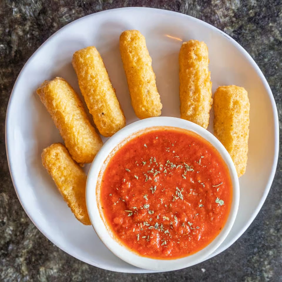 Golden-brown mozzarella sticks arranged around a white bowl of marinara sauce, garnished with herbs.